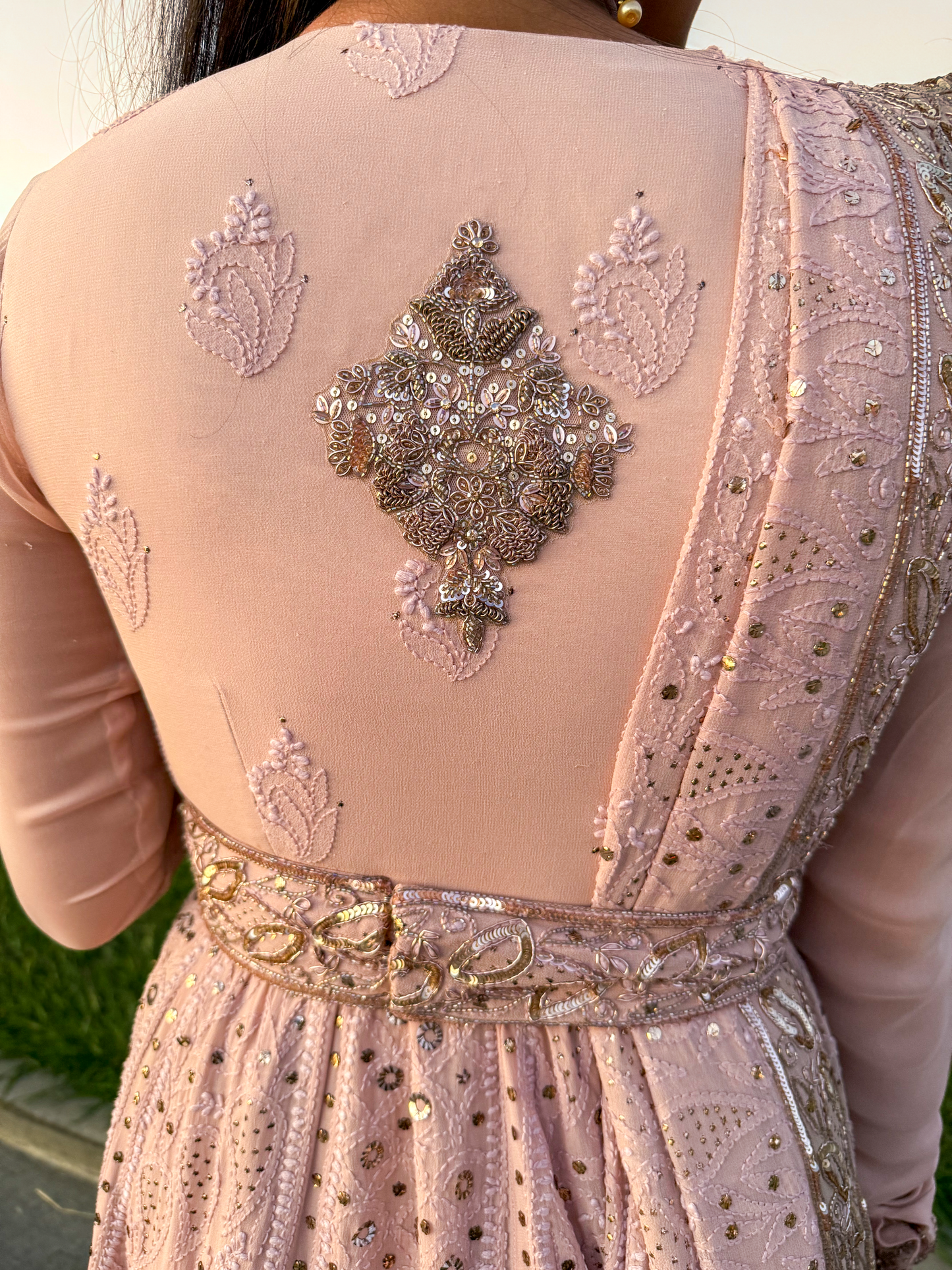 blush pink anarkali set with dupatta and belt embroidered festive wear USA