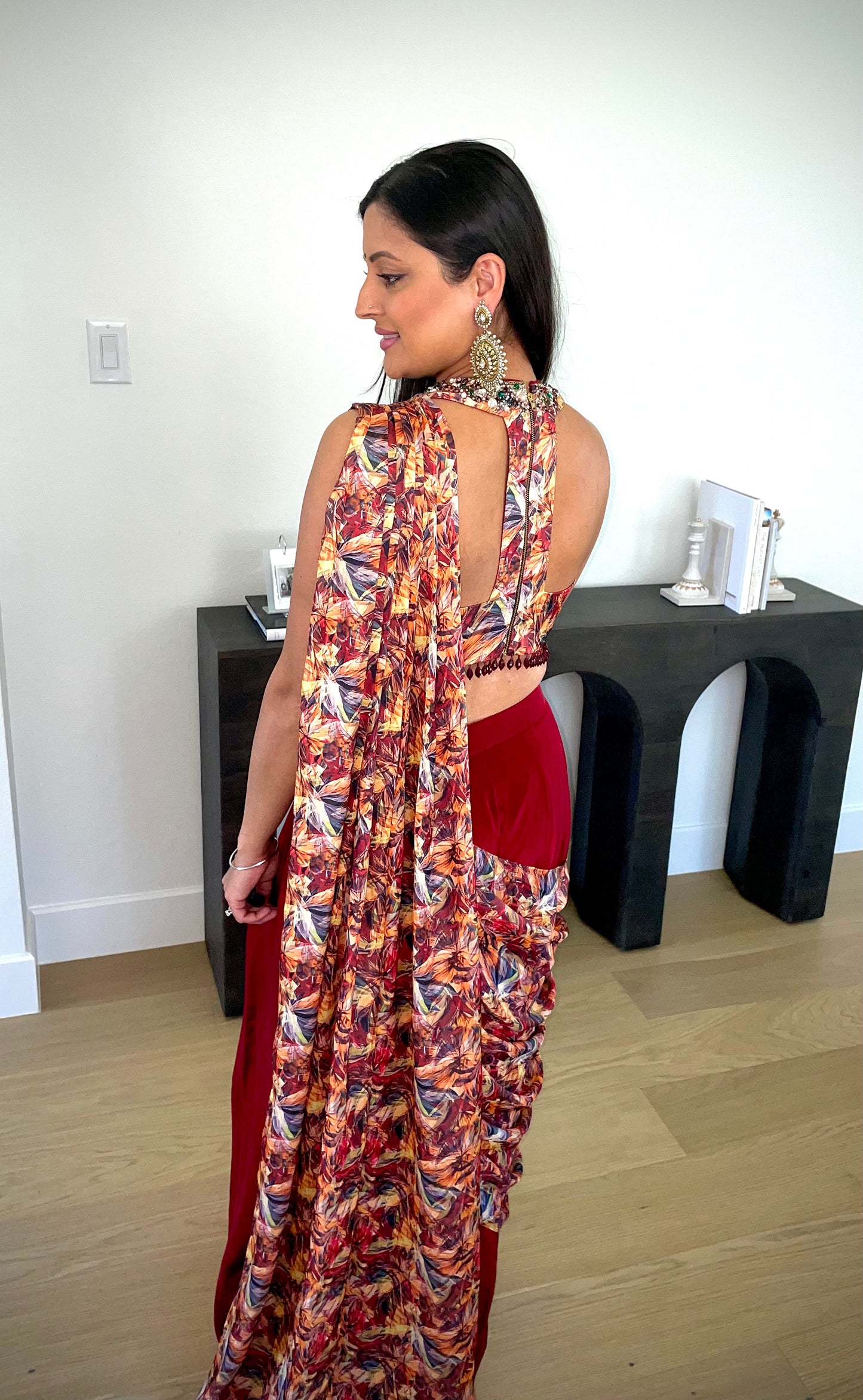 crimson red drape sharara set printed drape indo western outfit USA