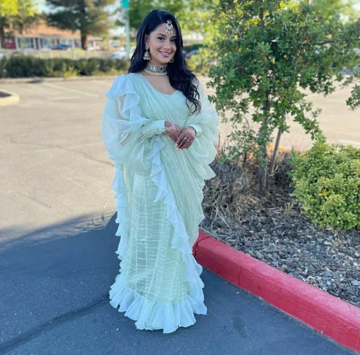 mint green pre draped ruffle sari designer party wear USA