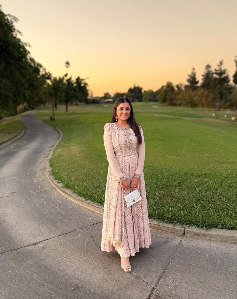 blush pink anarkali set with dupatta and belt embroidered festive wear USA