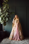 champagne gold embroidered lehenga set with blush dupatta wedding wear USA
