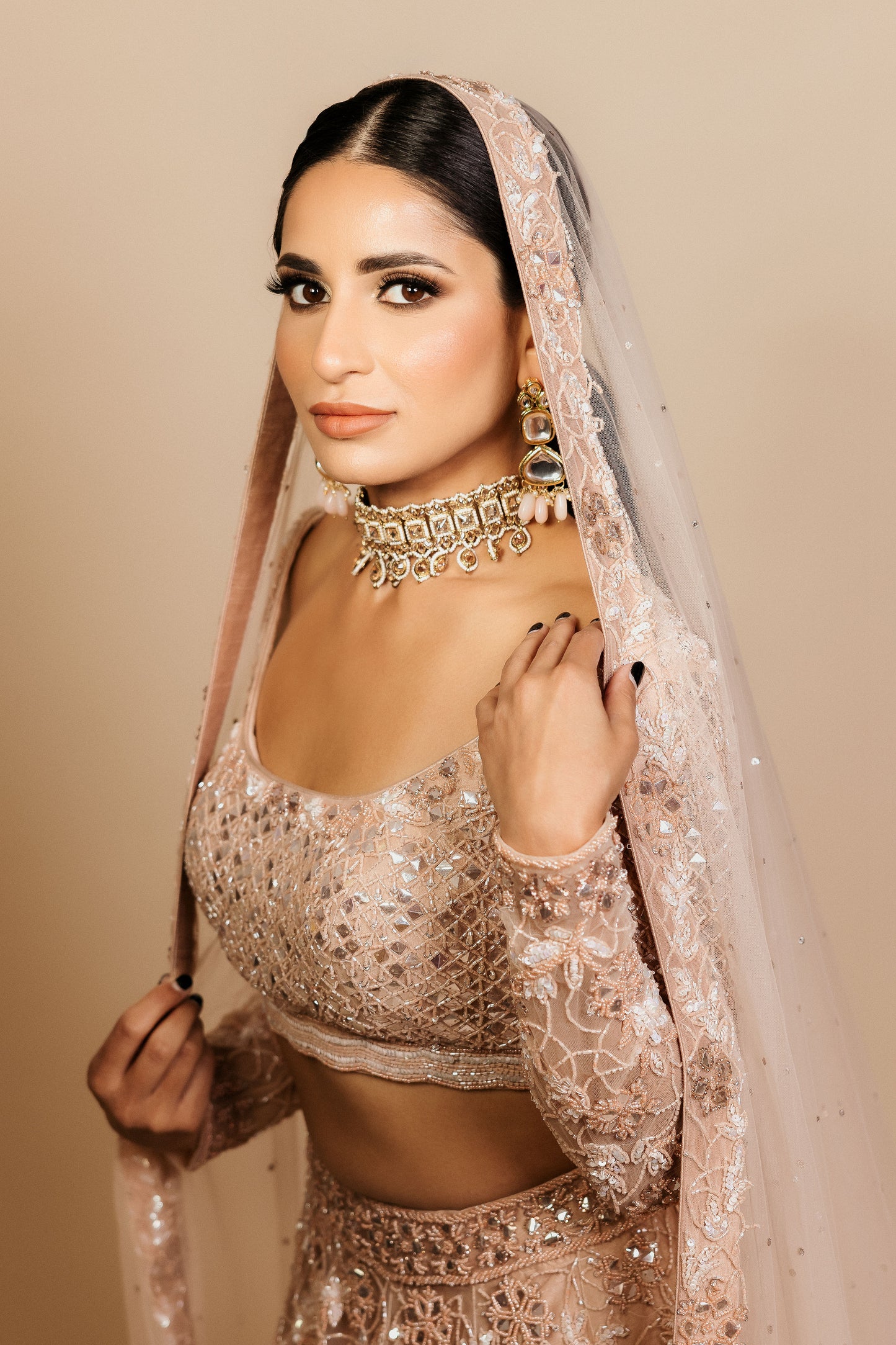 champagne blush embroidered lehenga set designer wedding wear USA