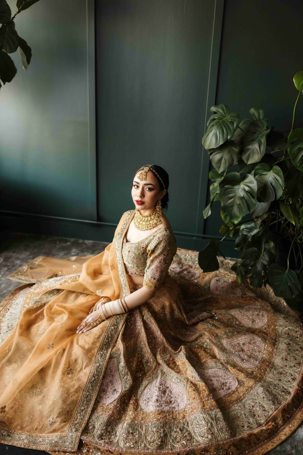 champagne gold embroidered lehenga set with blush dupatta wedding wear USA