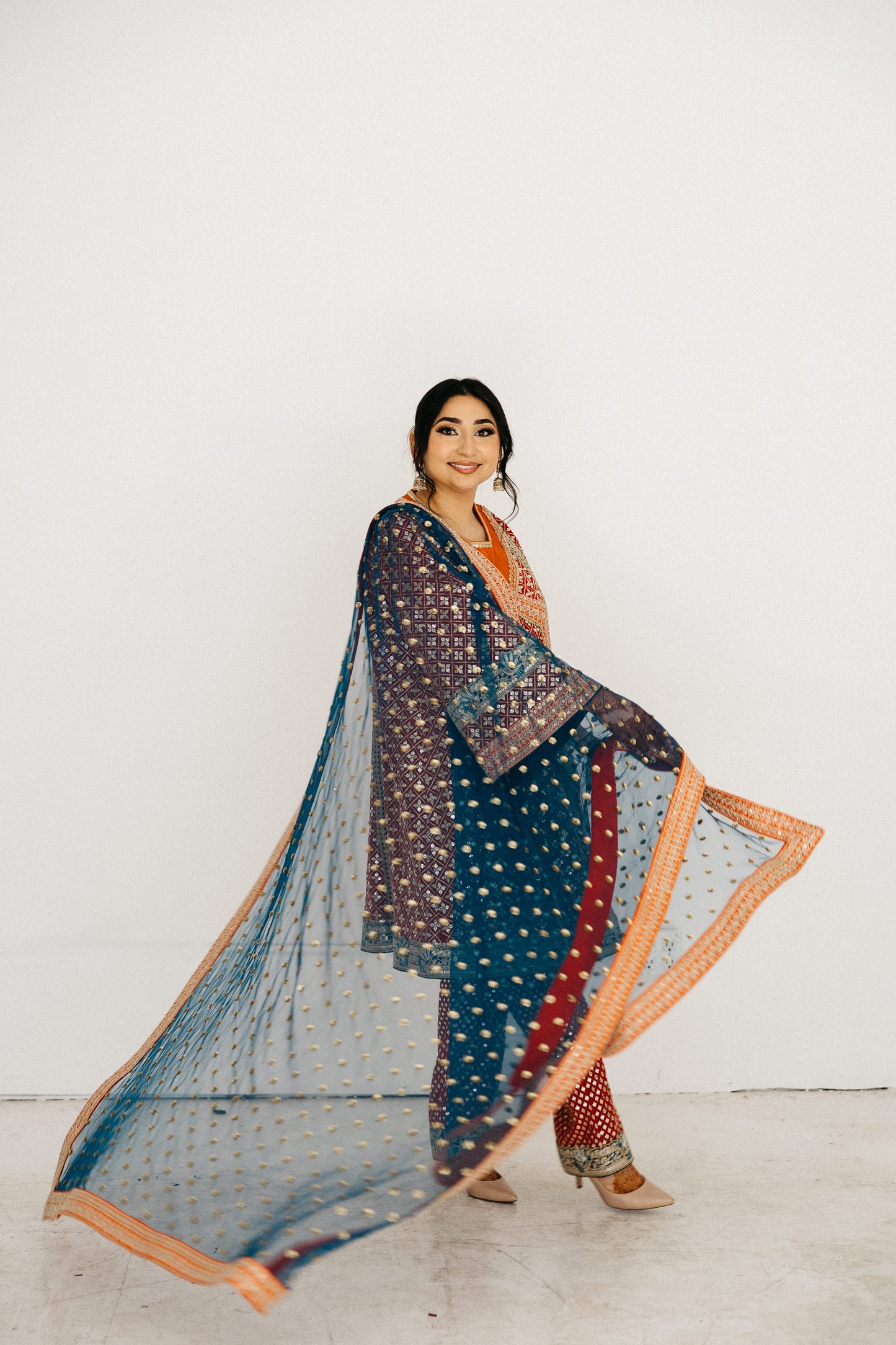 designer teal and crimson kurta outfit indian festive wear USA