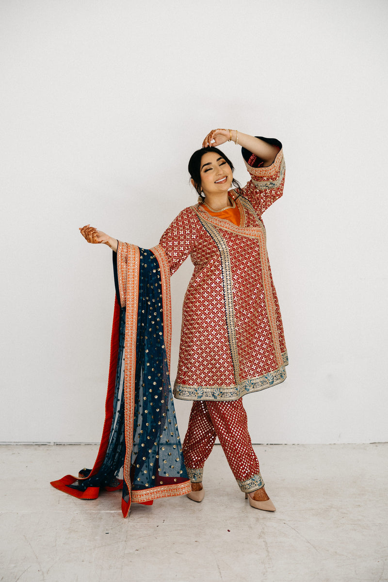 designer teal and crimson kurta outfit indian festive wear USA