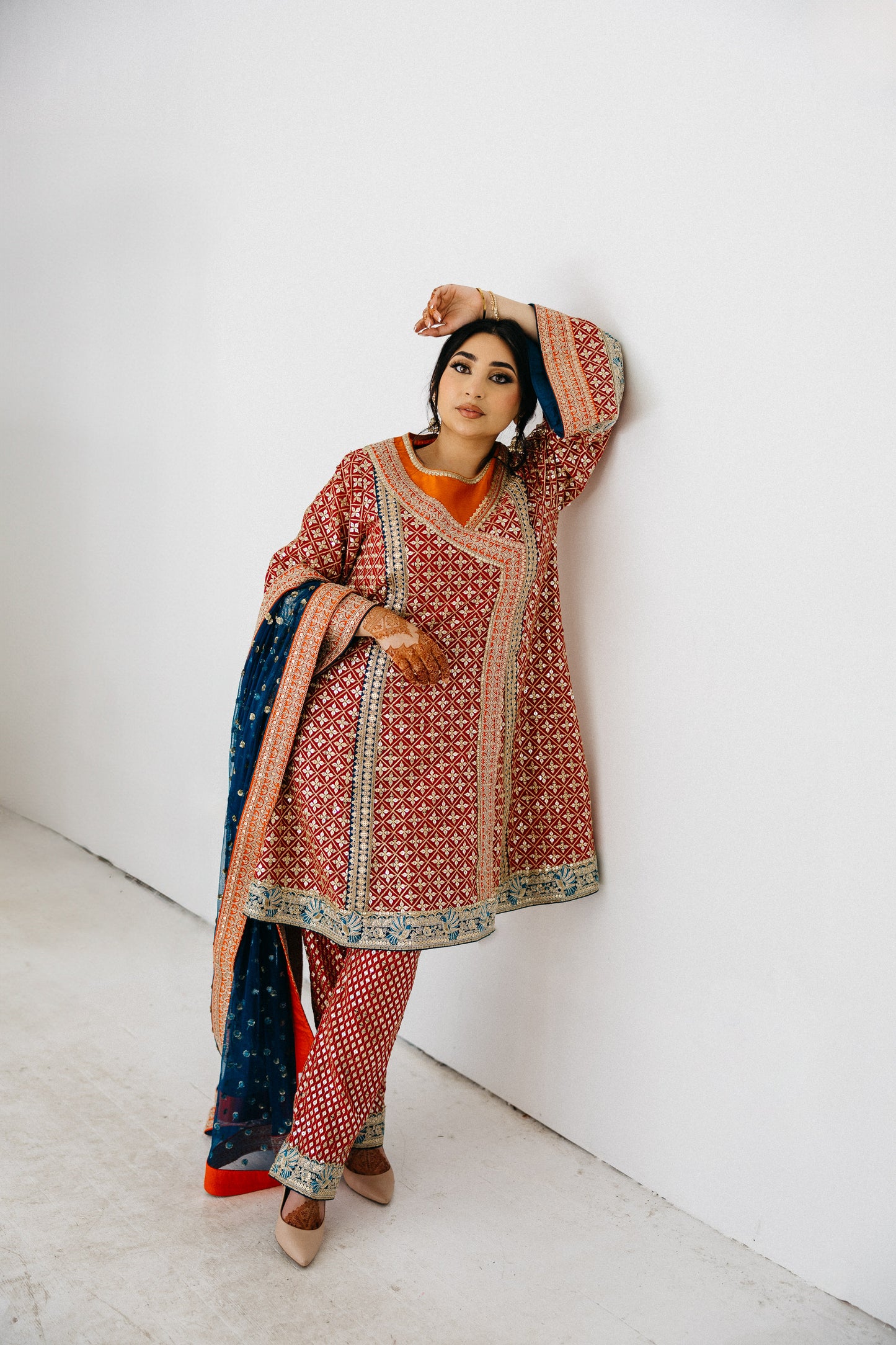 teal blue kurta set with gold accents festive outfit USA