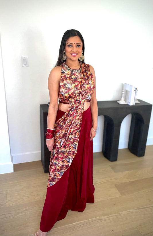 crimson red drape sharara set printed drape indo western outfit USA