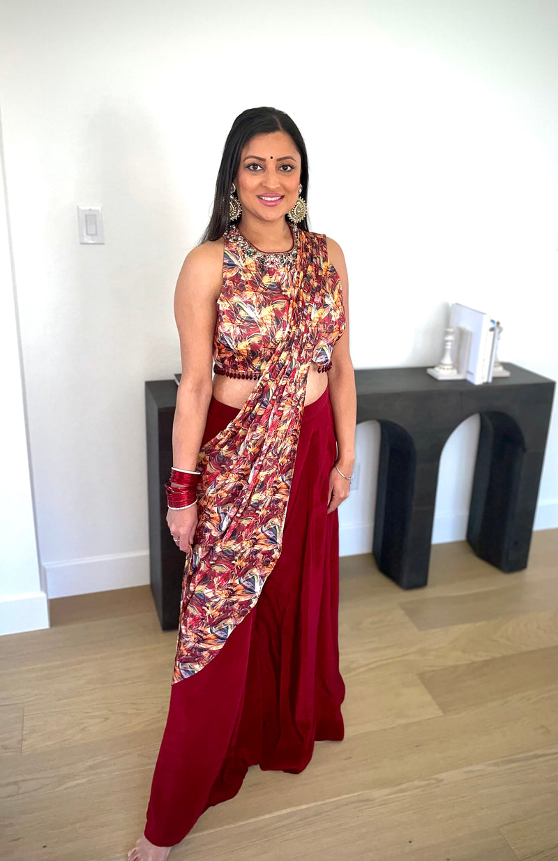 crimson red drape sharara set printed drape indo western outfit USA