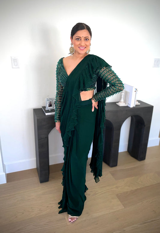 emerald green pre draped ruffle sari with hand embroidered blouse designer party wear USA