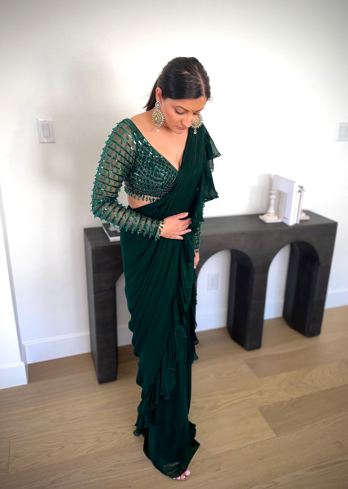 emerald green pre draped ruffle sari with hand embroidered blouse designer party wear USA