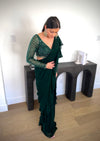emerald green pre draped ruffle sari with hand embroidered blouse designer party wear USA