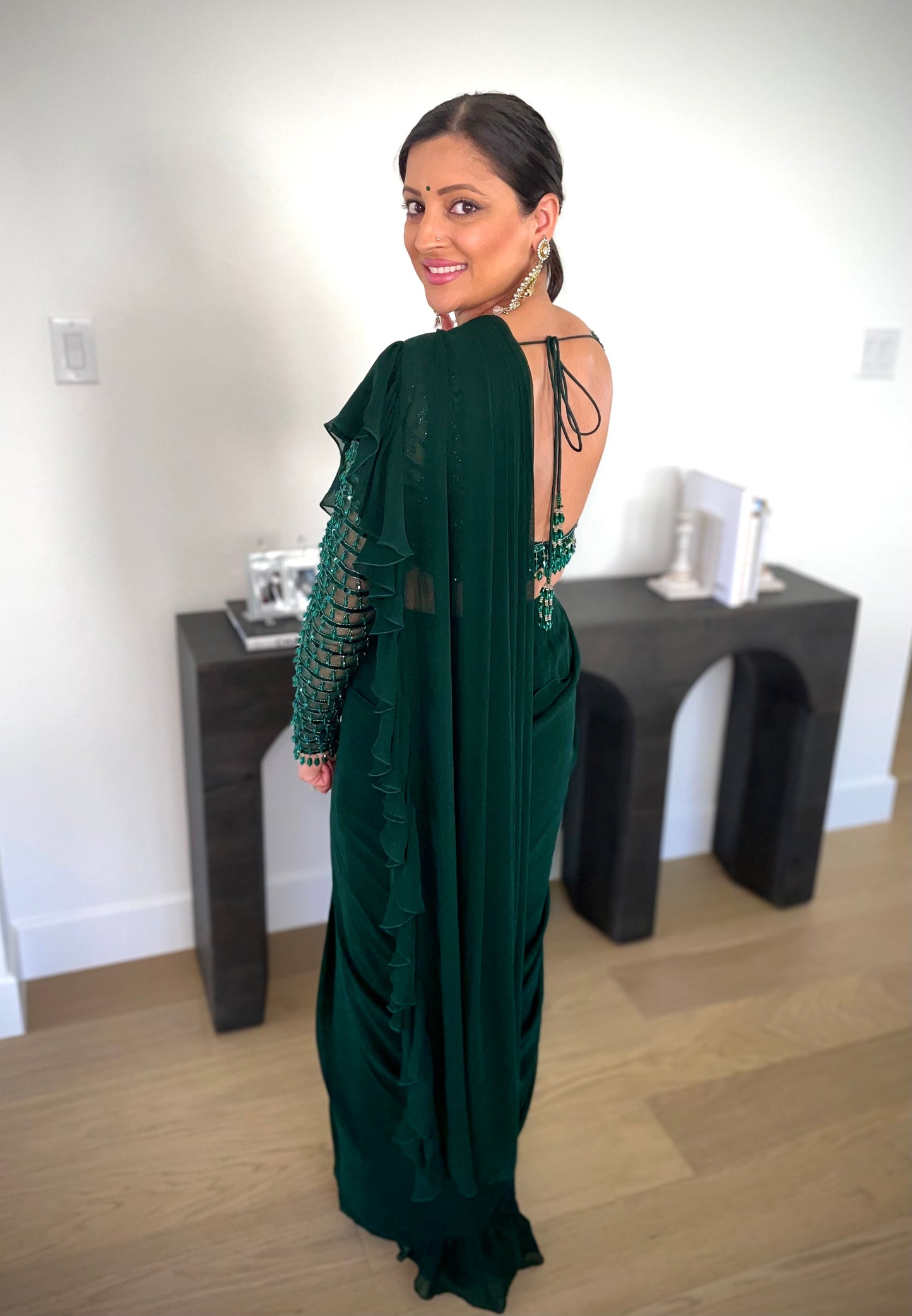 elyra green ruffle sari pleated drape detail
