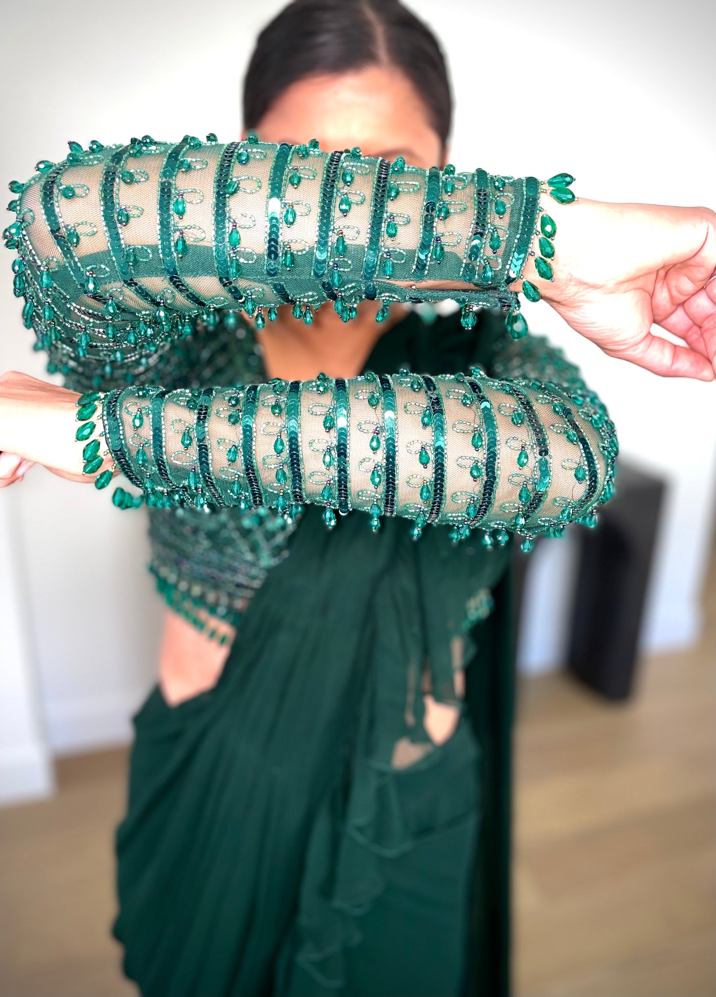 emerald green pre draped ruffle sari with hand embroidered blouse designer party wear USA
