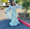 mint green pre draped ruffle sari designer party wear USA