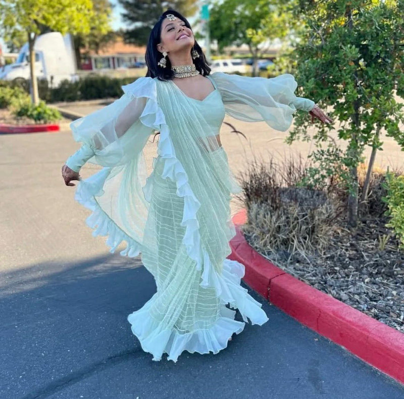 mint green pre draped ruffle sari designer party wear USA